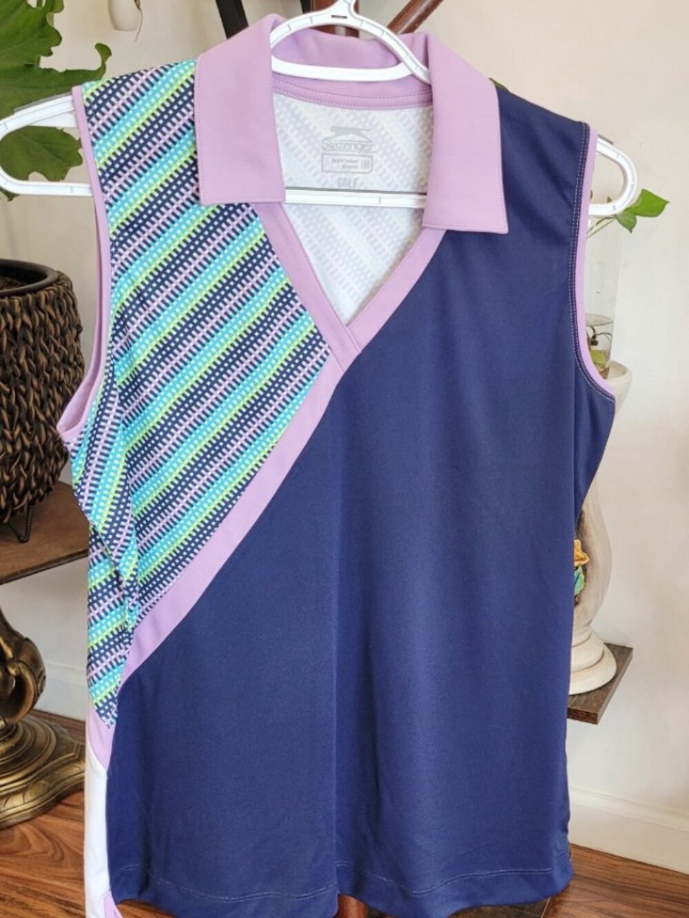 Slazenger Womens Golf Sleeveless Polo Top, Size Medium, Lavender Geometric Print